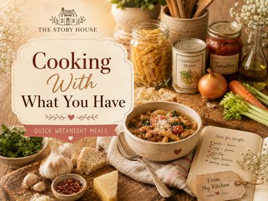 Cooking With What You Have blog card for Quick Weeknight Meals at The Story House, featuring pantry