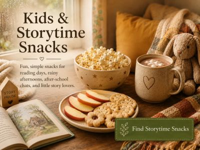 Cozy kids' storytime snacks with popcorn, apple slices, cookies, and hot chocolate.