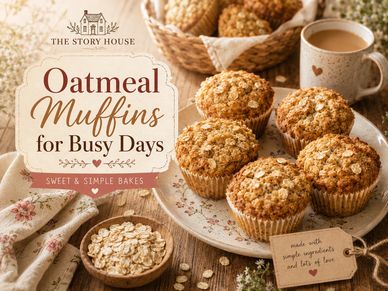 Oatmeal Muffins for Busy Days recipe card for Sweet and Simple Bakes at The Story House, featuring h