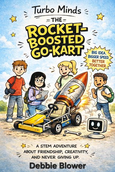 Book cover for The Rocket-Boosted Go-Kart, a funny STEM adventure for kids featuring four young inve