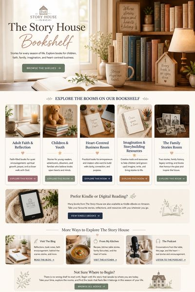 Warm mockup of The Story House Bookshelf page with a cozy book-filled hero section, category cards f