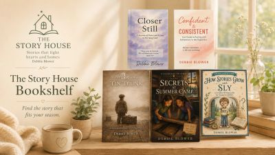 The Story House Bookshelf hero graphic featuring Debbie Blower’s real book covers for faith, childre