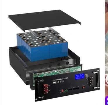 Exploded view of a LiFePO4 battery pack with BMS module and casing.