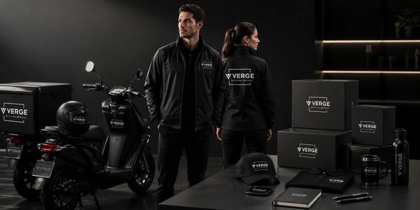 Branded Verge delivery gear and apparel with scooters and packaging in a sleek black setup.
