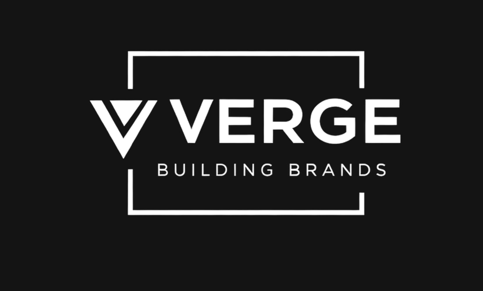 Logo of VERGE with tagline Building Brands on black background.