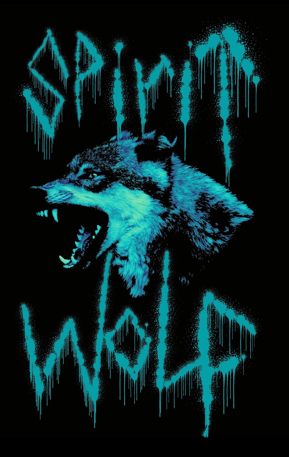 Blue graffiti-style snarling wolf with dripping text 'SPRING WOLF' on black background.
