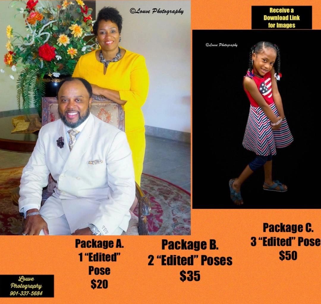 Photography package advertisement with two adults and a child.