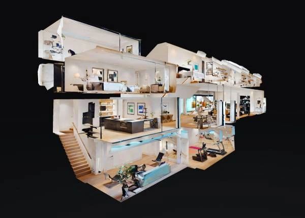 3D cutaway view of a modern multi-level house interior with various rooms visible.