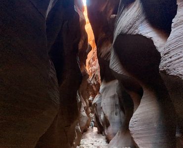 deep slot canyon with sun peaking through at top of buckskin gulch