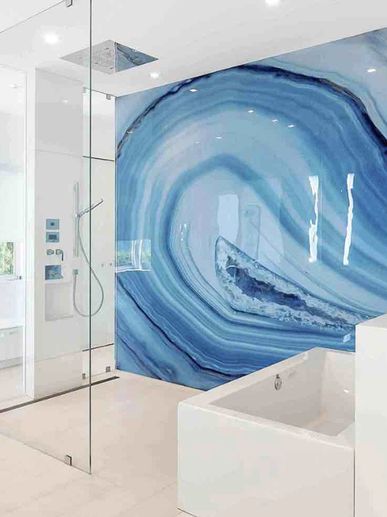 Blue glass slab in shower
