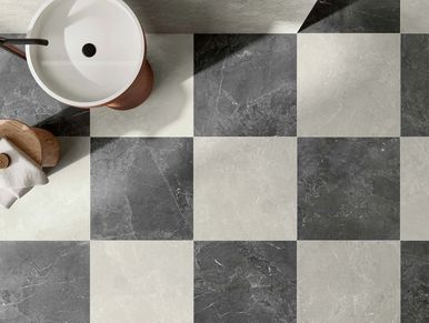 Gray and white tile set in checkerboard pattern