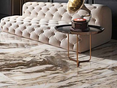 Marble look polished tile floor in formal living room