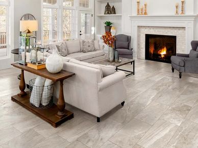 Formal living room with marble look porcelain tile floors