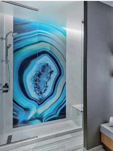Blue glass slab in shower
