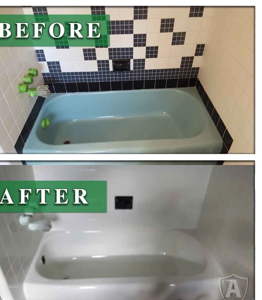Ugly bathtub before and pristine reglazed bathtub after