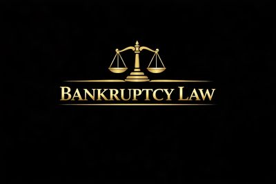 Gold scales of justice with Bankruptcy Law text on black.
