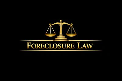 Golden scales of justice with Foreclosure Law text.