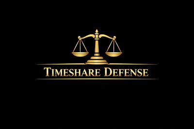 Golden scales of justice with Timeshare Defense text.