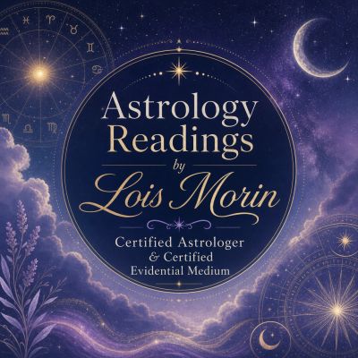 Astrology readings advertisement by Lois Morin with celestial design.