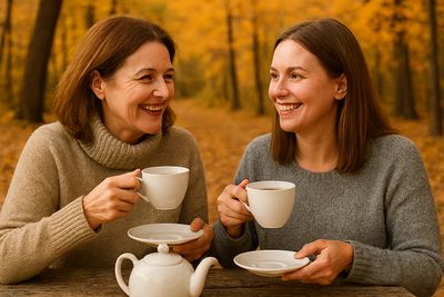 Two women enjoying tea together outdoors in autumn.