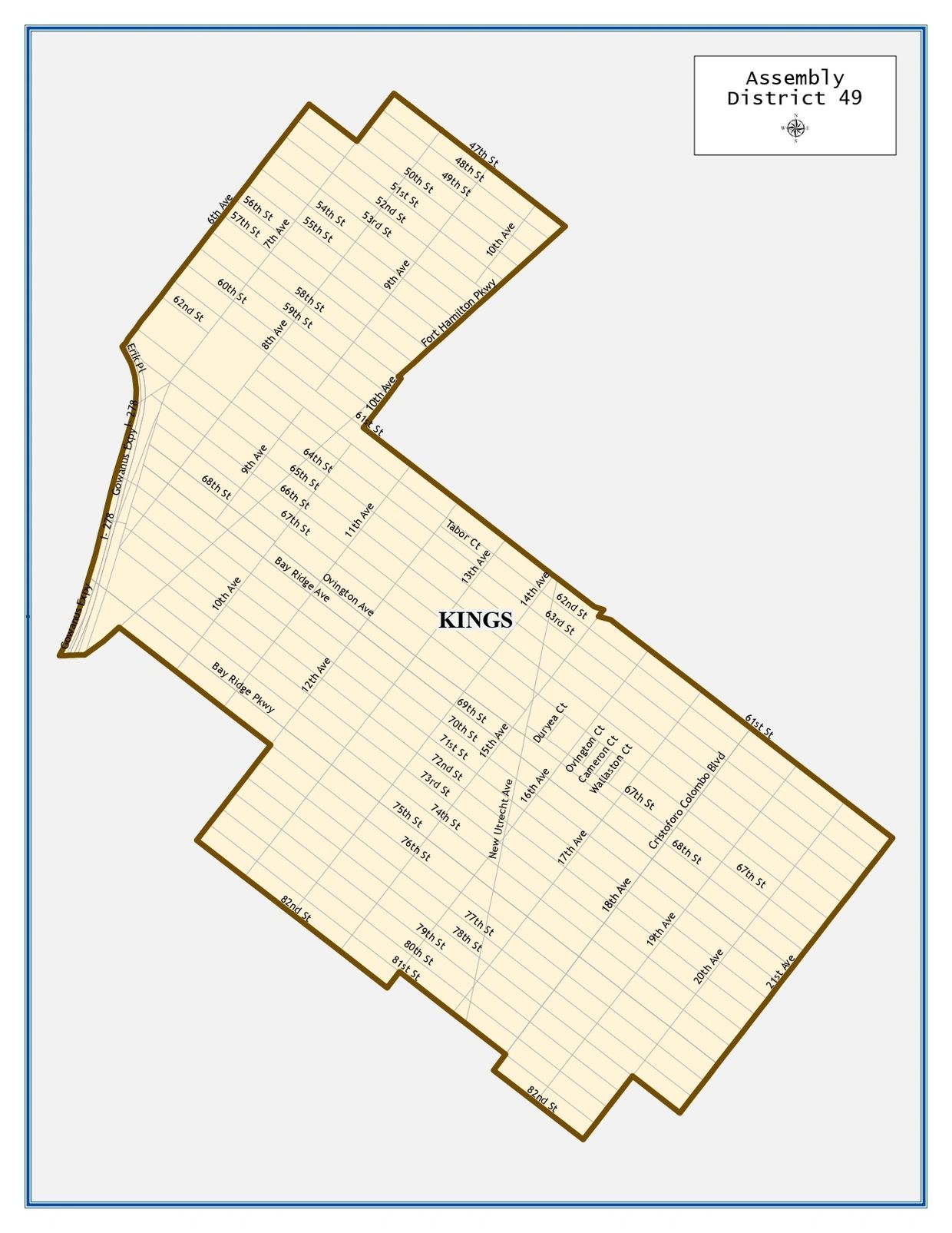 Map of Assembly District 49 in Kings showing streets and avenues.