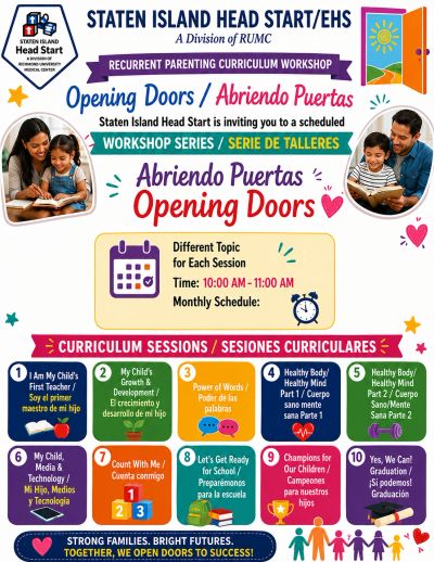 Workshop flyer for Staten Island Head Start's parenting series.
