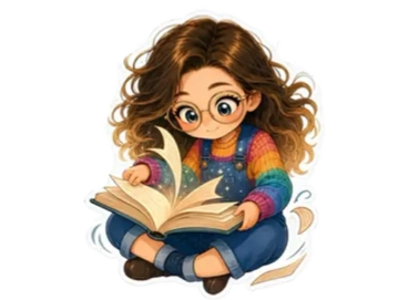 Fille dessinée lisant un livre magique.