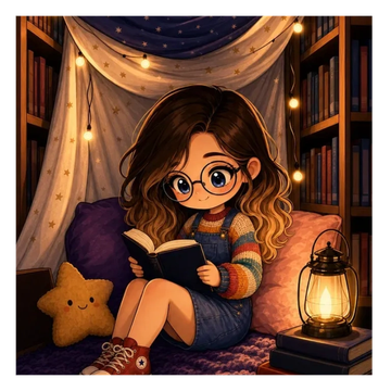 Jeune fille lisant un livre dans une ambiance cosy de bibliothèque.