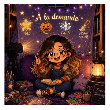 Fille dessinateur entourée de livres et objets créatifs.