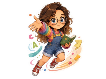 Une fille joyeuse avec lunettes et livre.
