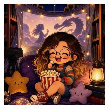 Une fille joyeuse regarde un film avec du pop-corn.