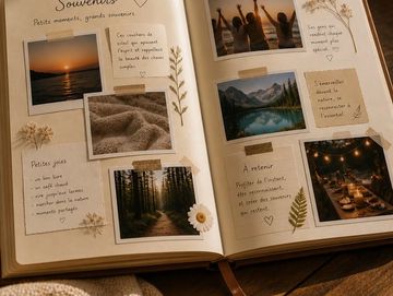 A nature-themed scrapbook with photos and handwritten notes.