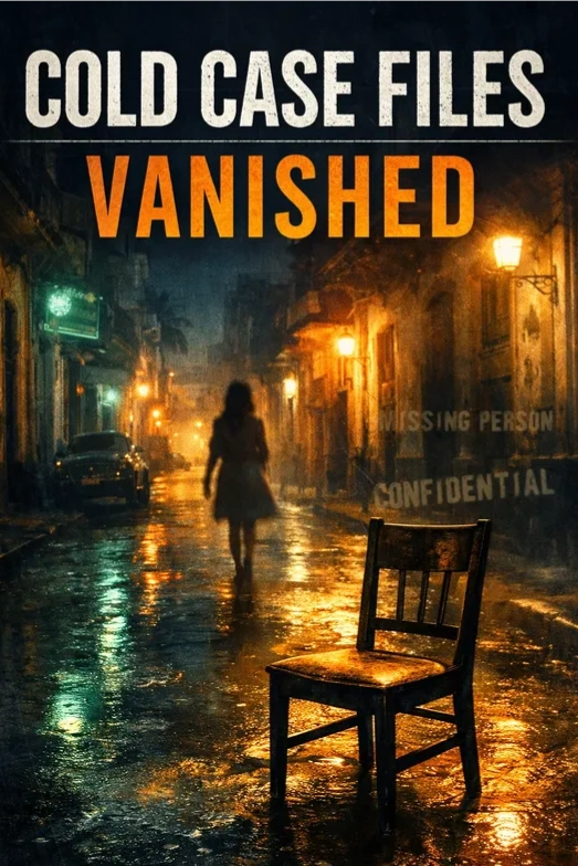 Dark, dirty street scene with woman walking down the middle of the street. An old chair sits empty