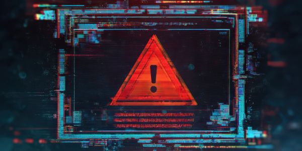 Glitchy red warning symbol on digital screen with glitch effects.