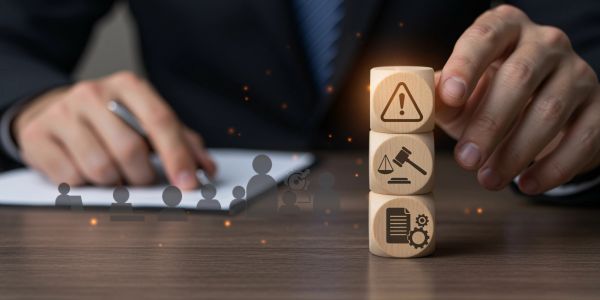 Wooden blocks with legal and risk icons stacked on a desk beside a businessman.