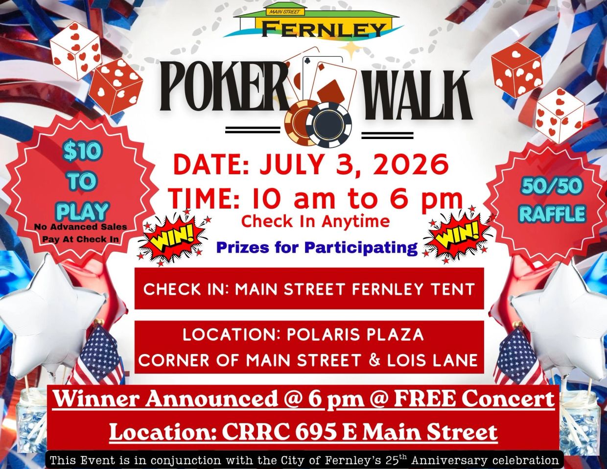 Poker Walk event in Fernley on July 3, 2026, with prizes and a raffle.
