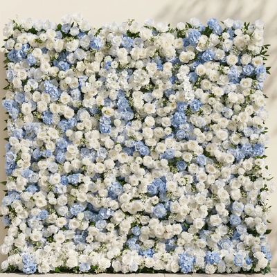 Square floral wall with white and blue flowers.
