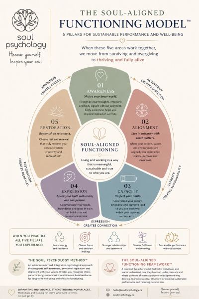 Diagram explaining the Soul Psychology Functioning Model and its five pillars.