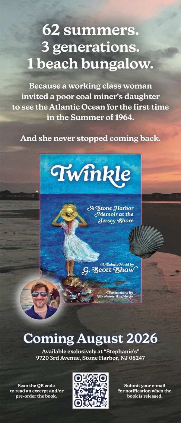 Book ad for 'Twinkle,' a memoir about a Stone Harbor beach bungalow, coming August 2026.