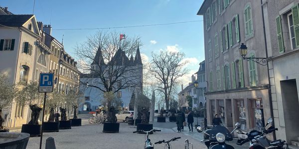 A sunny day in a charming European street with historic buildings and a castle gate.