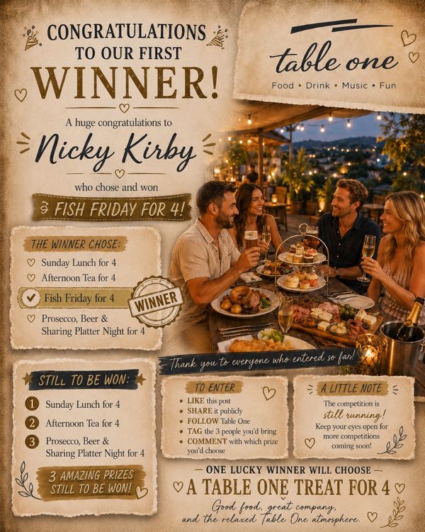 Announcement of Nicky Kirby winning a Fish Friday for 4 prize at Table One.