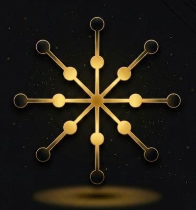 Network for Ethical Treatment logo. Golden radial abstract design on black background.
