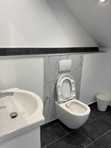 Modern bathroom with a wall-mounted toilet and white sink.