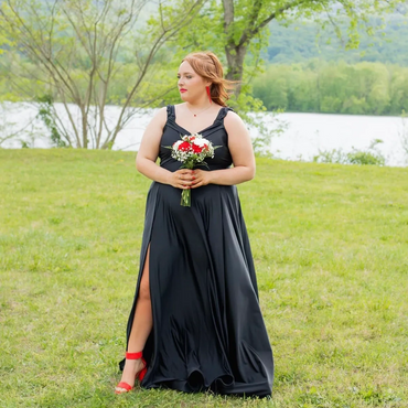 Riley is wearing style 2409 in Black!
 She is 5'4 wore a size XL had no alterations and wore 3" heel