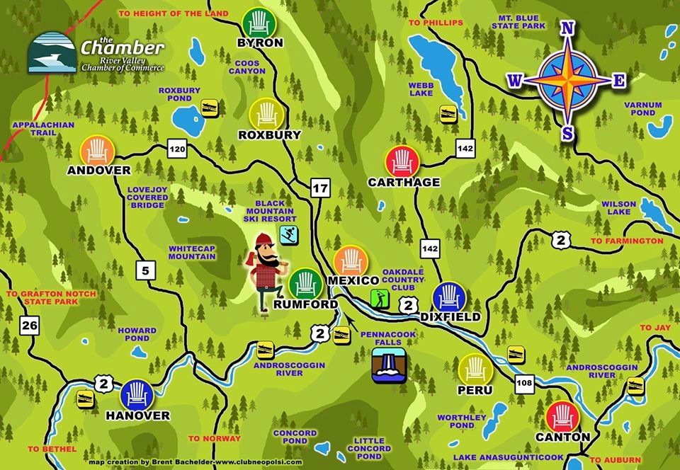 Cartoon map of River Valley towns with landmarks.