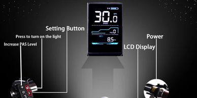 Electric bike handlebar with LCD display and control buttons.