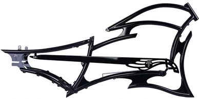 Black motorcycle frame with a sleek, aerodynamic design and Tesla logos.