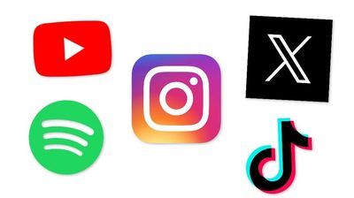 Popular social media and music app logos on a white background.