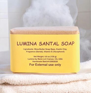 Lumina Santal Soap with natural ingredients and external use warning.