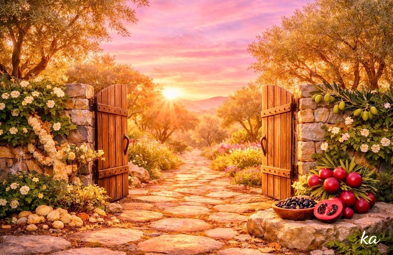 A sunlit garden path with wooden gates and vibrant fruits during sunset.